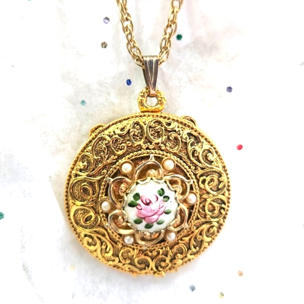Rare Vtg Max Factor Hypnotique Guilloche Enamel Rose Perfume Solid  Necklace